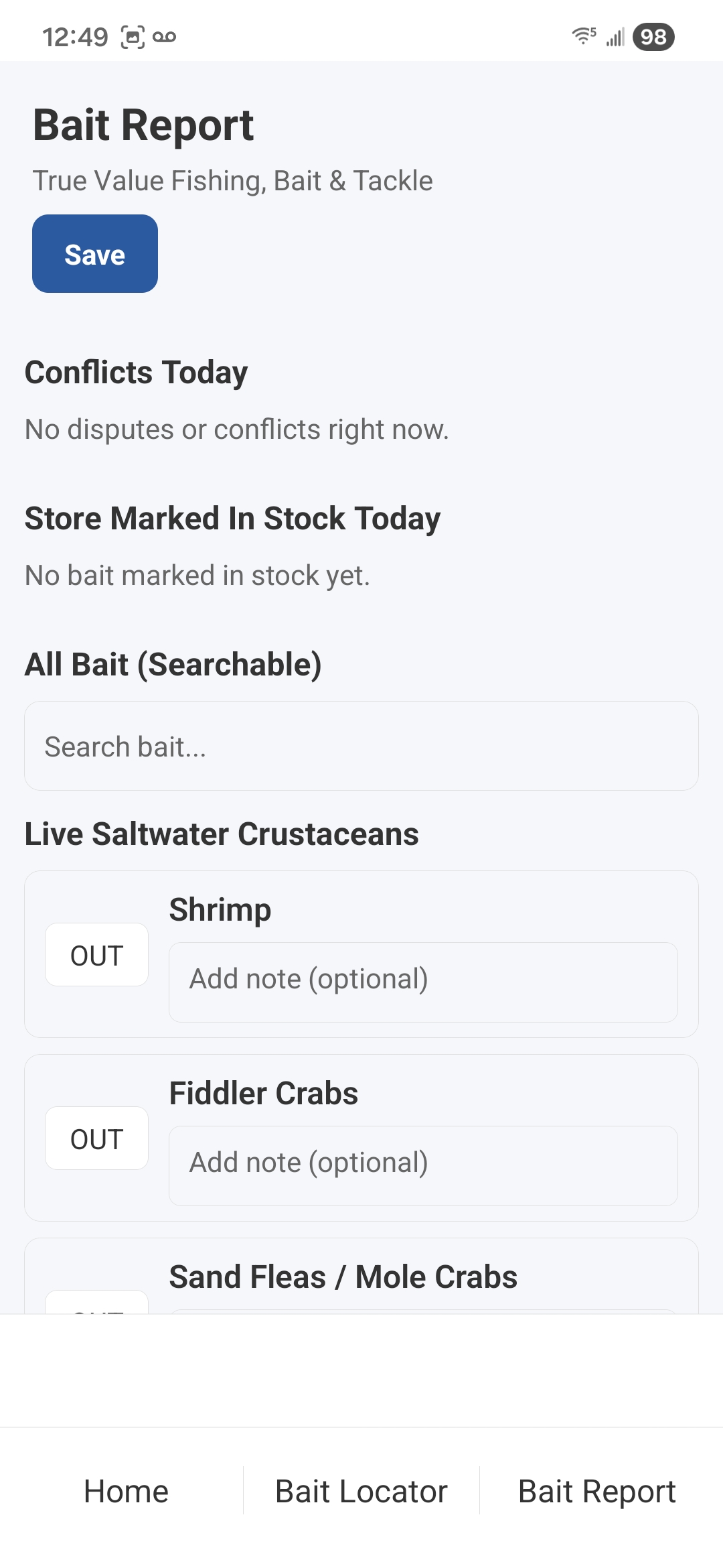 Tackle bait report tab